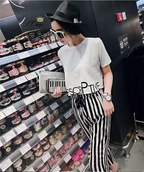 New Star Same Style Women's Clothing Chanel Style Fashionable Short-sleeved T-shirt Striped Harlan Pants Casual suit — feature 5
