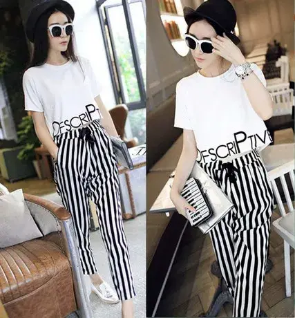 New Star Same Style Women's Clothing Chanel Style Fashionable Short-sleeved T-shirt Striped Harlan Pants Casual suit — feature 9