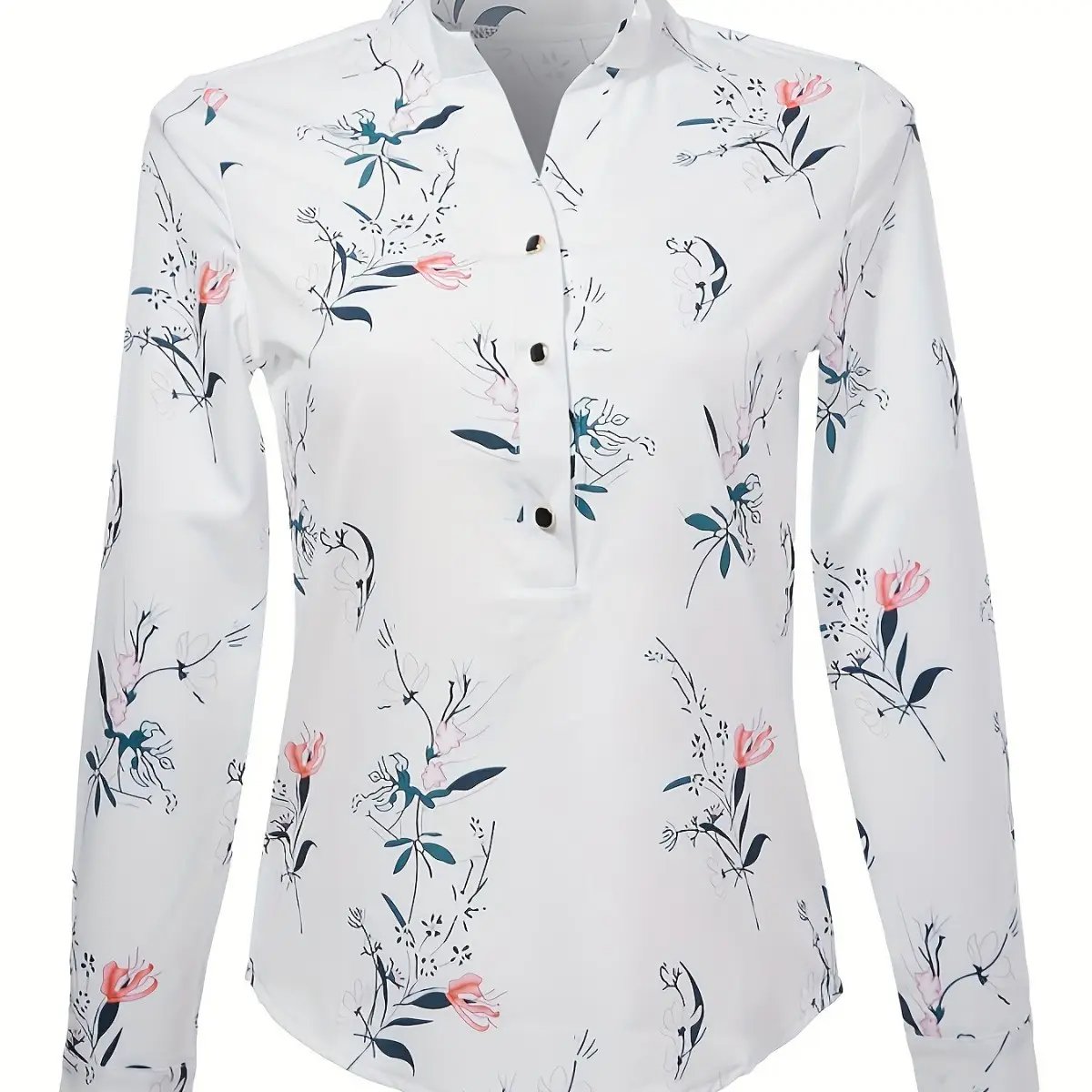 2023 Women's Printed V-Neck Long Sleeve Shirt White - Image 6