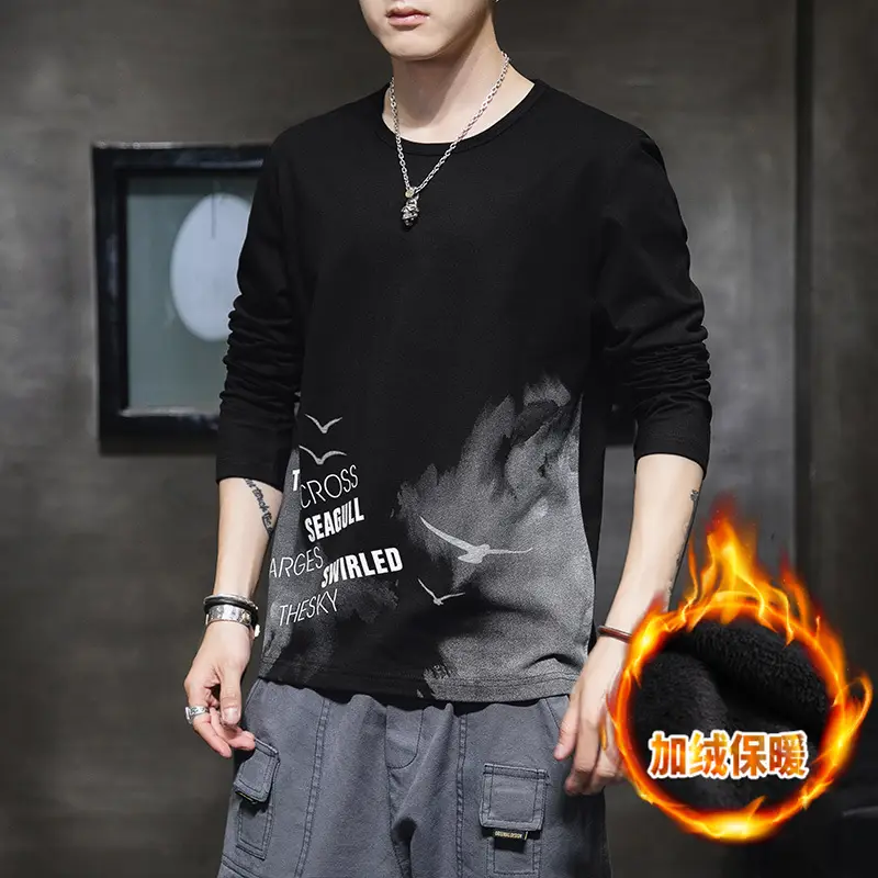 Men Fleece Lined Warm Round Neck T-Shirt Black Slim Fit