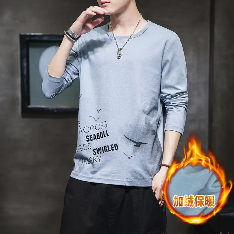 Men Fleece Lined Warm Round Neck T-Shirt Black Slim Fit