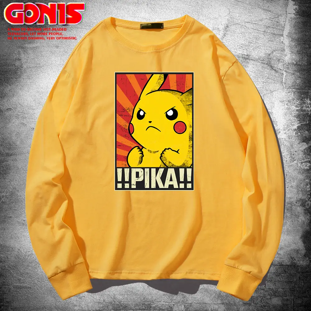Men Women Blue Pikachu Long Sleeve T-Shirt Pure Cotton