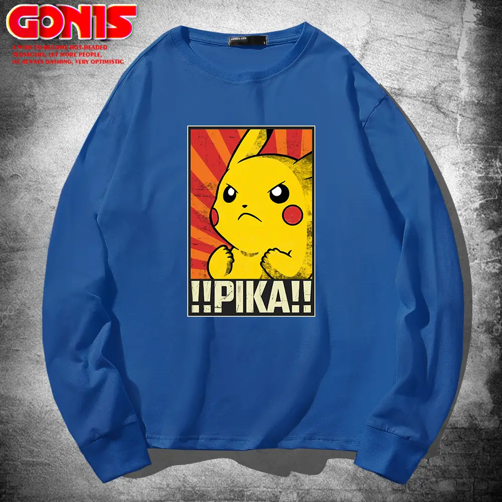 Men Women Blue Pikachu Long Sleeve T-Shirt Pure Cotton