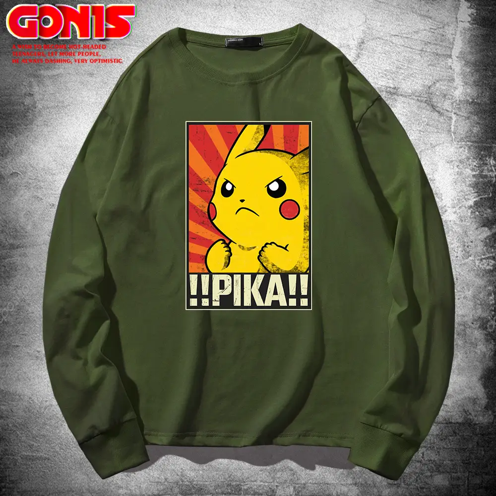 Men Women Blue Pikachu Long Sleeve T-Shirt Pure Cotton