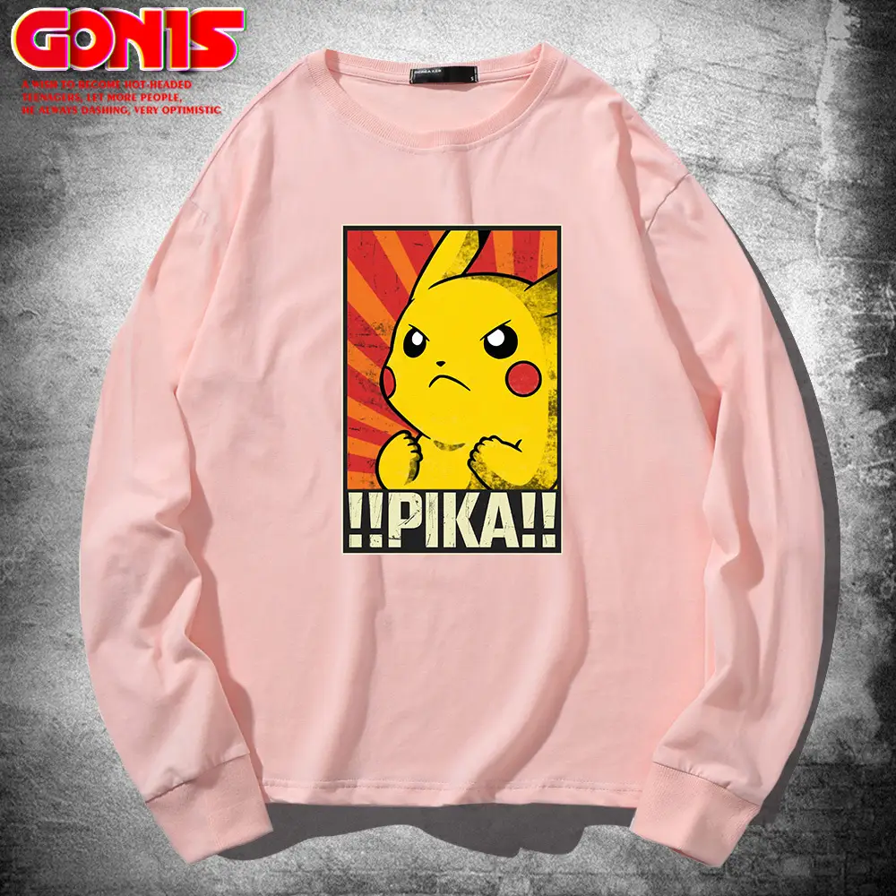 Men Women Blue Pikachu Long Sleeve T-Shirt Pure Cotton