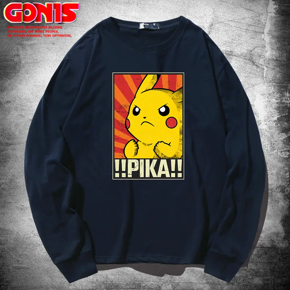 Men Women Blue Pikachu Long Sleeve T-Shirt Pure Cotton