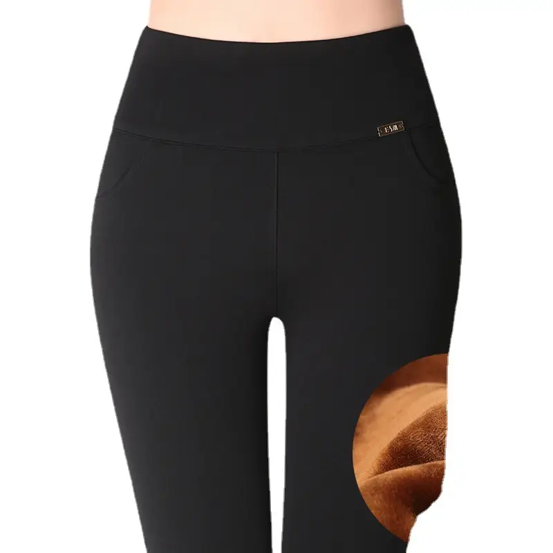 Black Velvet Padded Leggings for Women High Waist Warm Feet Pencil Pants - Image 9