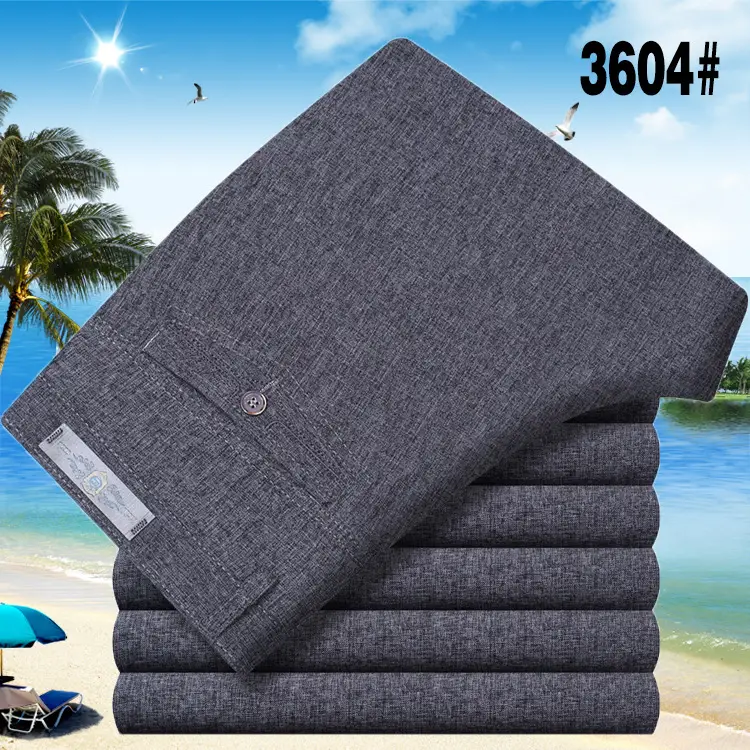 Men's Grey Linen Casual Pants Middle-aged High Waist Straight Long - Image 3