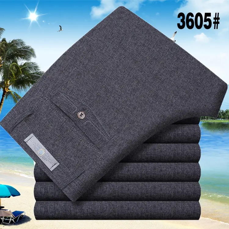 Men's Grey Linen Casual Pants Middle-aged High Waist Straight Long - Image 8