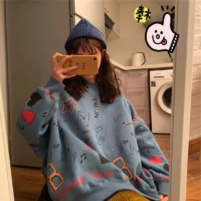 Women's Blue Graffiti Thin Coat with Glasses & Hat