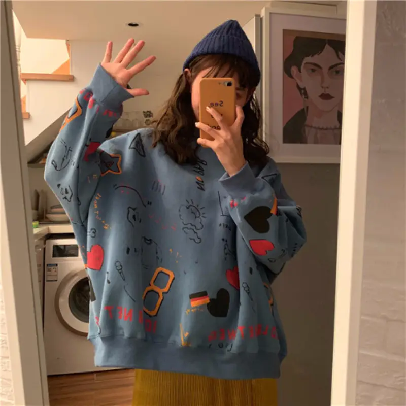 Women's Blue Graffiti Thin Coat with Glasses & Hat