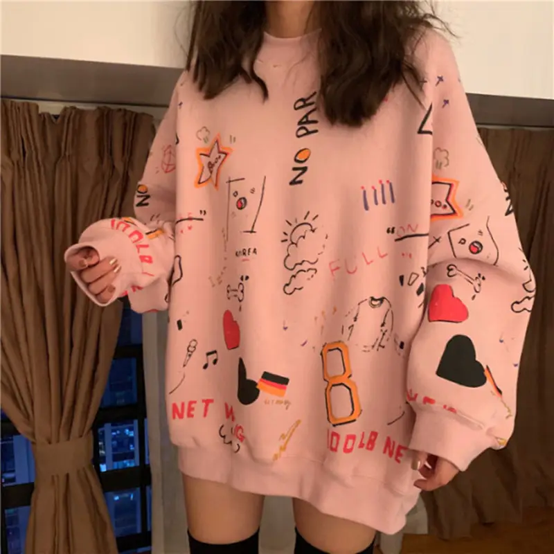 Women's Blue Graffiti Thin Coat with Glasses & Hat