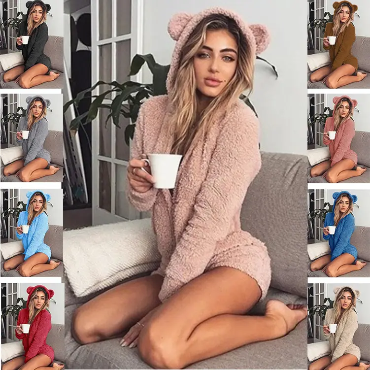 Women's Soft Fleece Hoodie Set Pink Bear Ears Long Sleeve — feature 4