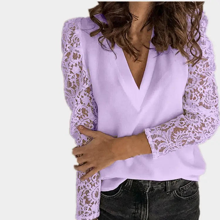 2025 Green Lace Long Sleeve V-Neck Shirt for Women - Image 2