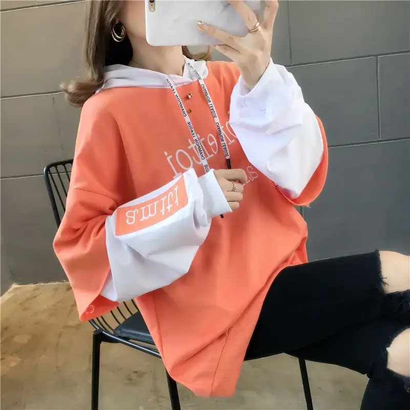Women Hooded Sweatshirt Set Orange White Spliced Long Sleeve - Image 4