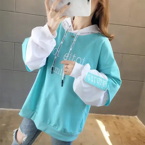 Women Hooded Sweatshirt Set Orange White Spliced Long Sleeve - Image 6