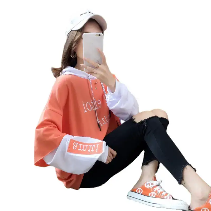 Women Hooded Sweatshirt Set Orange White Spliced Long Sleeve - Image 8