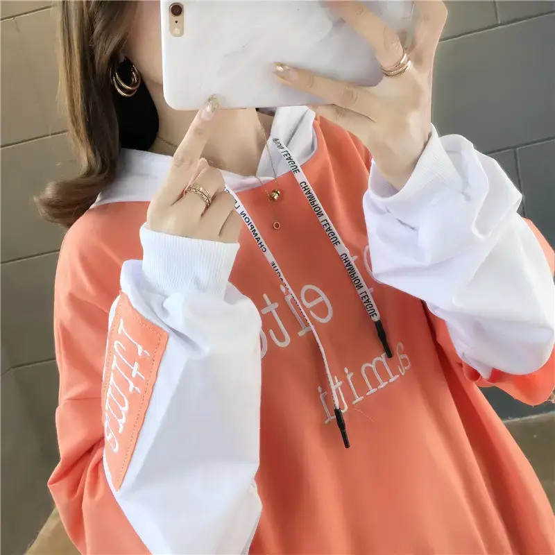 Women Hooded Sweatshirt Set Orange White Spliced Long Sleeve — feature 23