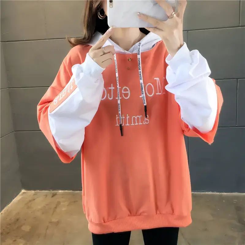 Women Hooded Sweatshirt Set Orange White Spliced Long Sleeve — feature 24