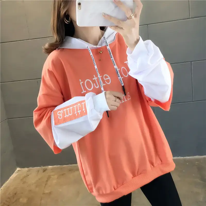 Women Hooded Sweatshirt Set Orange White Spliced Long Sleeve — feature 25