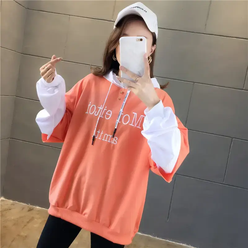 Women Hooded Sweatshirt Set Orange White Spliced Long Sleeve — feature 26