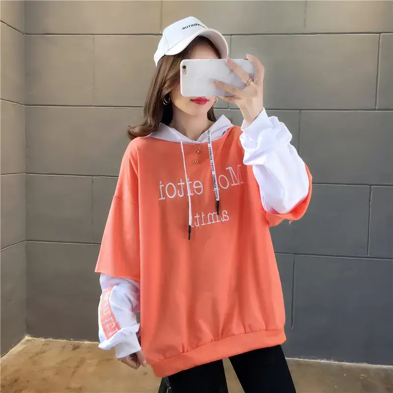 Women Hooded Sweatshirt Set Orange White Spliced Long Sleeve — feature 27
