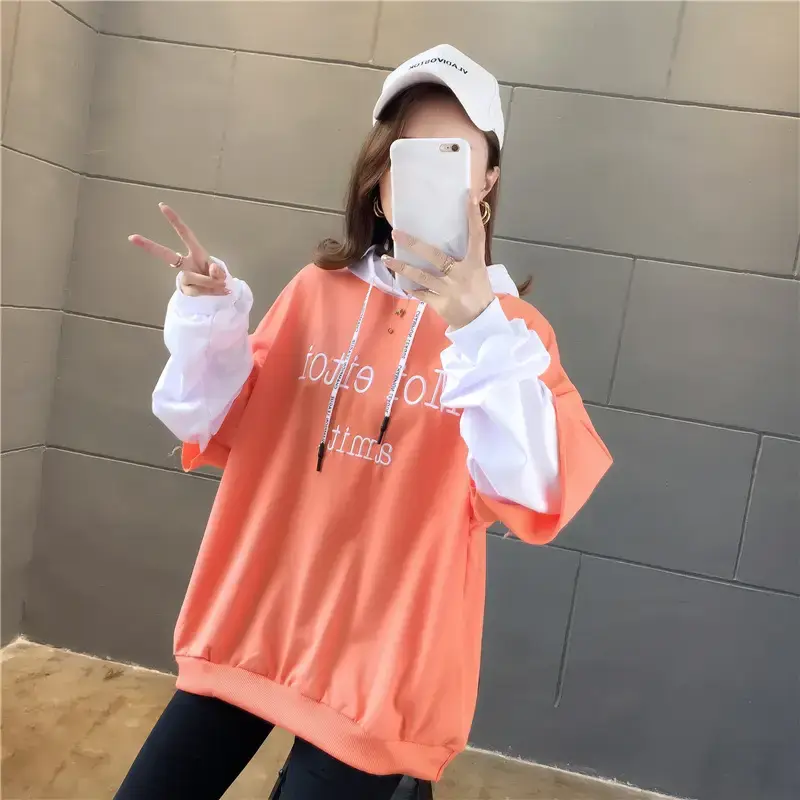 Women Hooded Sweatshirt Set Orange White Spliced Long Sleeve — feature 28