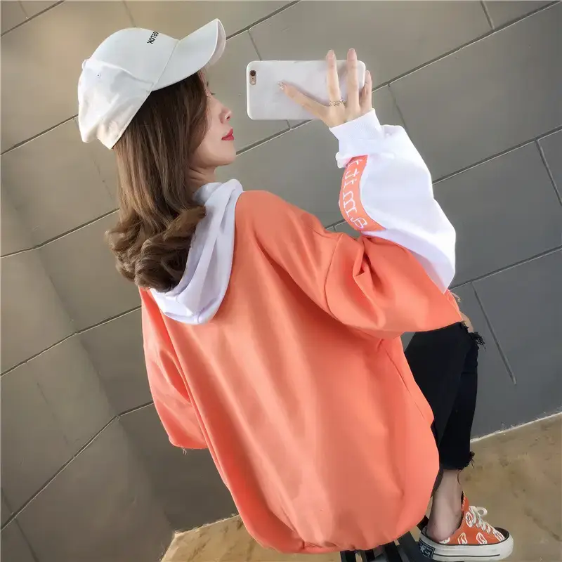 Women Hooded Sweatshirt Set Orange White Spliced Long Sleeve — feature 29