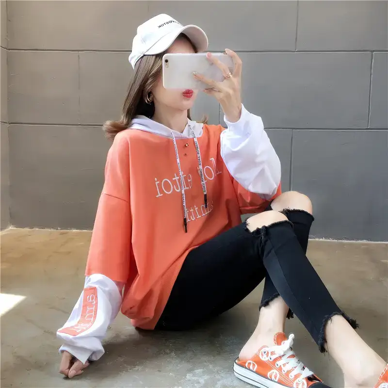 Women Hooded Sweatshirt Set Orange White Spliced Long Sleeve — feature 31