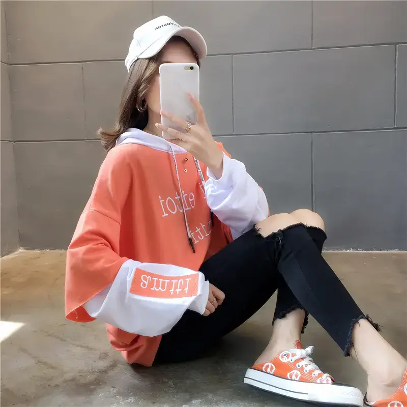Women Hooded Sweatshirt Set Orange White Spliced Long Sleeve — feature 32