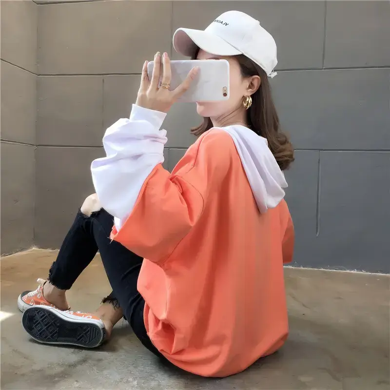 Women Hooded Sweatshirt Set Orange White Spliced Long Sleeve — feature 33