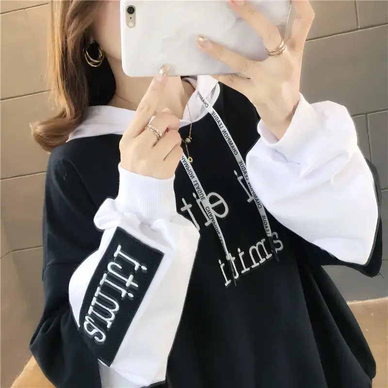 Women Hooded Sweatshirt Set Orange White Spliced Long Sleeve — feature 35