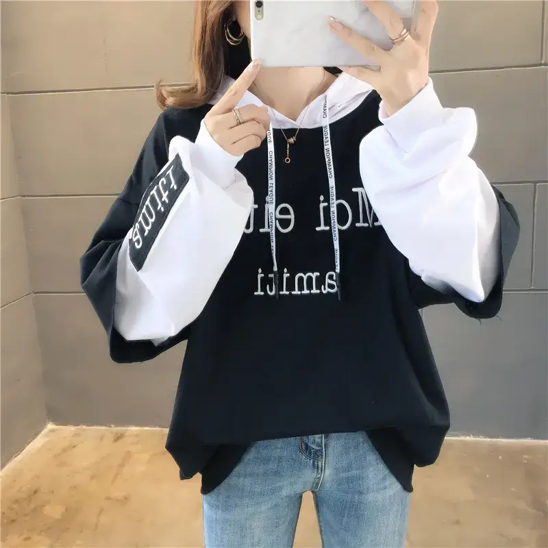 Women Hooded Sweatshirt Set Orange White Spliced Long Sleeve — feature 36