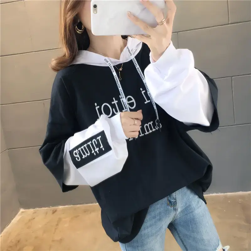 Women Hooded Sweatshirt Set Orange White Spliced Long Sleeve — feature 37