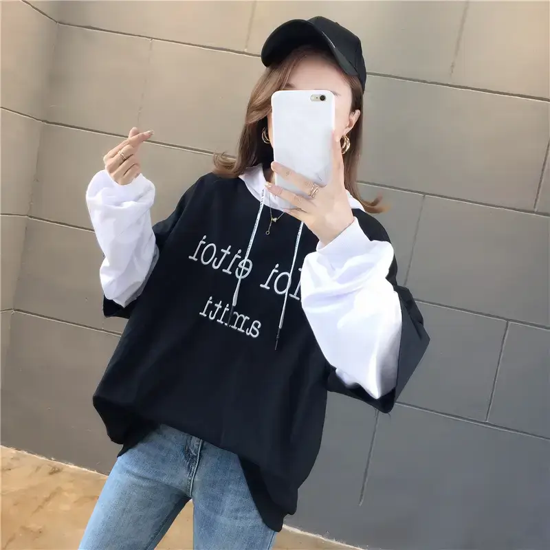 Women Hooded Sweatshirt Set Orange White Spliced Long Sleeve — feature 38