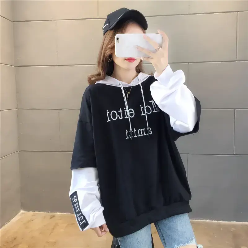 Women Hooded Sweatshirt Set Orange White Spliced Long Sleeve — feature 39