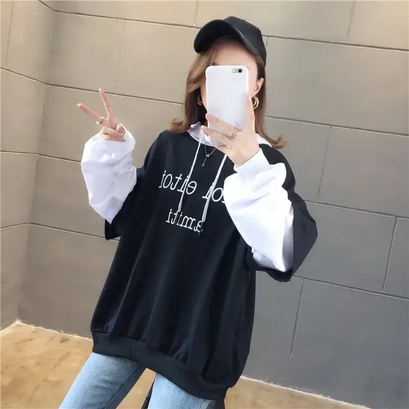 Women Hooded Sweatshirt Set Orange White Spliced Long Sleeve — feature 40