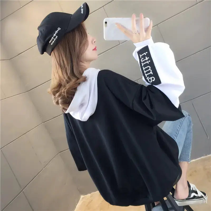 Women Hooded Sweatshirt Set Orange White Spliced Long Sleeve — feature 41