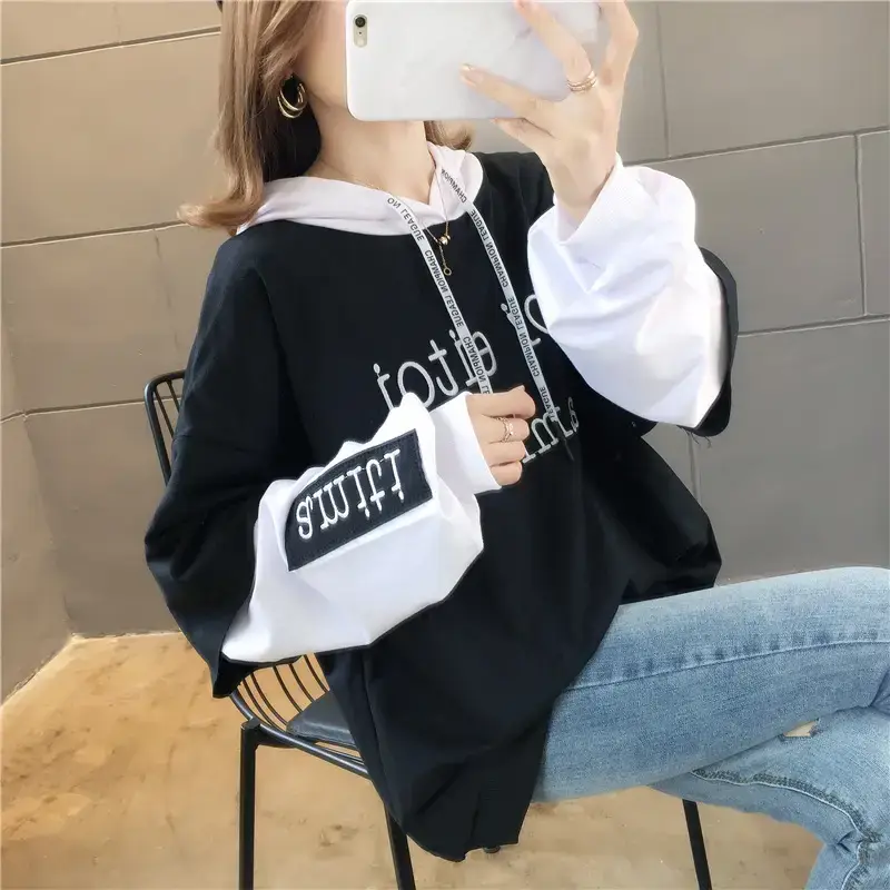 Women Hooded Sweatshirt Set Orange White Spliced Long Sleeve — feature 42
