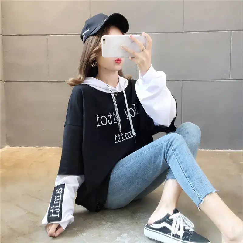 Women Hooded Sweatshirt Set Orange White Spliced Long Sleeve — feature 43