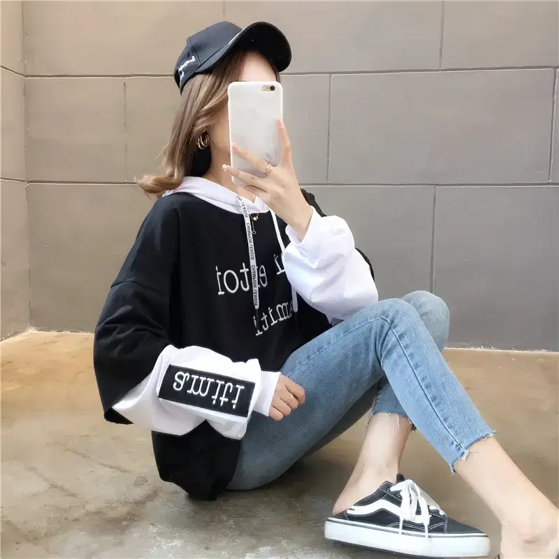 Women Hooded Sweatshirt Set Orange White Spliced Long Sleeve — feature 44