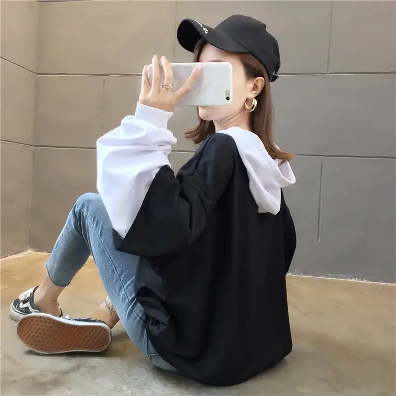 Women Hooded Sweatshirt Set Orange White Spliced Long Sleeve — feature 45