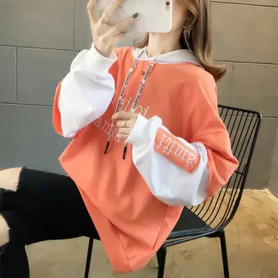 Women Hooded Sweatshirt Set Orange White Spliced Long Sleeve - Image 2