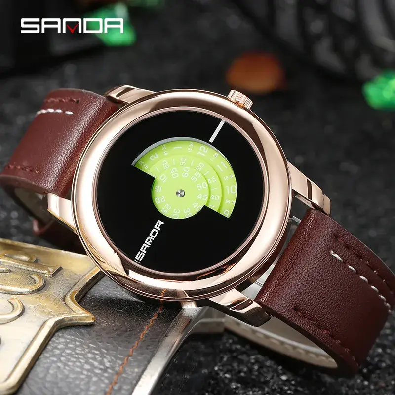 Sanda Men's Quartz Watch Black Rose Gold Brown Leather Band - Image 6