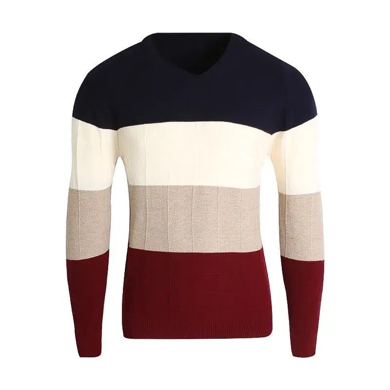 Men V-Neck Pullover Sweater Maroon White Orange Blue - Image 3