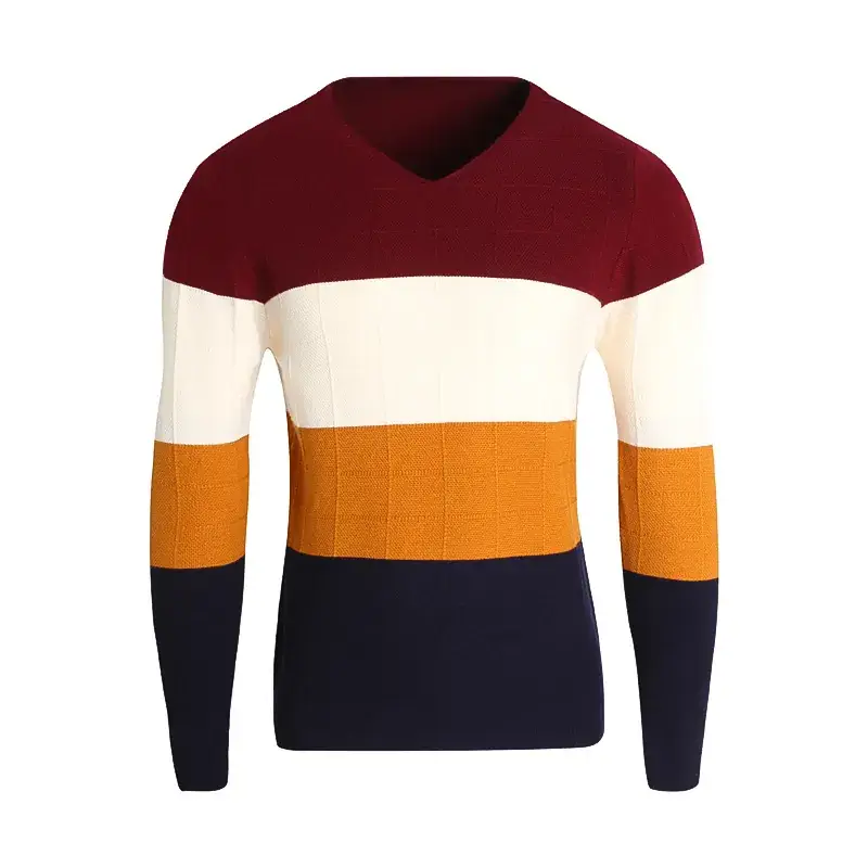 Men V-Neck Pullover Sweater Maroon White Orange Blue - Image 2