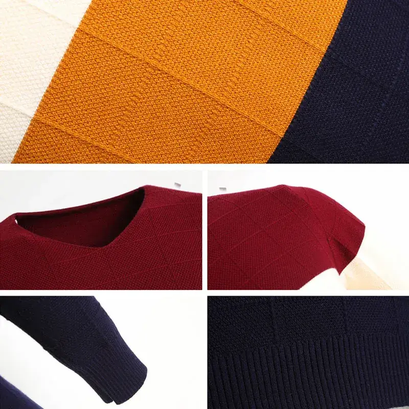 Men V-Neck Pullover Sweater Maroon White Orange Blue - Image 5