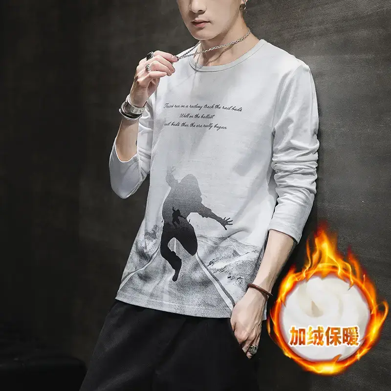 Men Long Sleeve Fleece Lined Warm T-Shirt White - Image 6