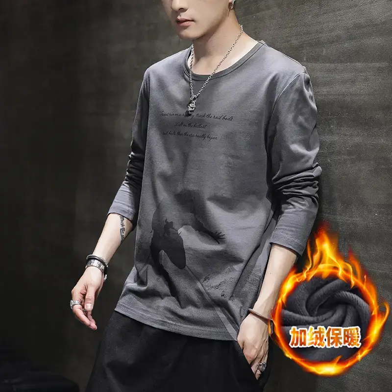 Men Long Sleeve Fleece Lined Warm T-Shirt White - Image 8