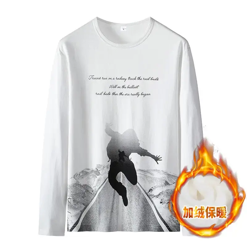 Men Long Sleeve Fleece Lined Warm T-Shirt White - Image 9